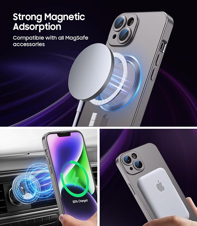 Magnetic for iPhone 14 Plus Case [Compatible with MagSafe][Built-in Camera Lens Protector] Slim Soft Silicone Bumper Shockproof Metallic Luster Phone Case (Gray)