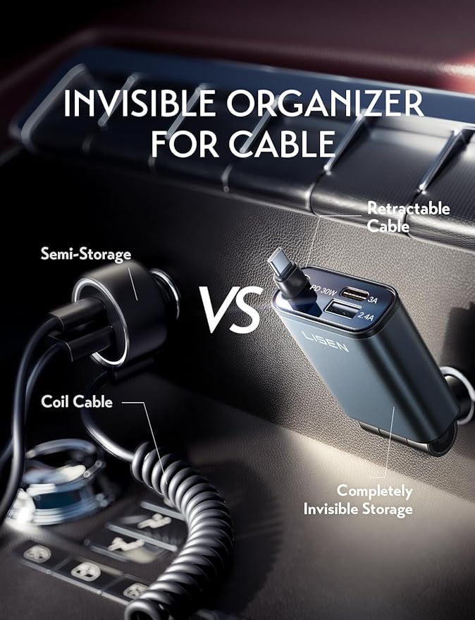 LISEN iPhone 16/15 Car Charger USB C Fast Charging Retractable,【60% Less Space,Mini】 57W Fast iPhone 16/15 USBC Type C Charger for 17 iPhone 16 15 Pro Max Plus，Samsung Galaxy S25/24 Z，Android
