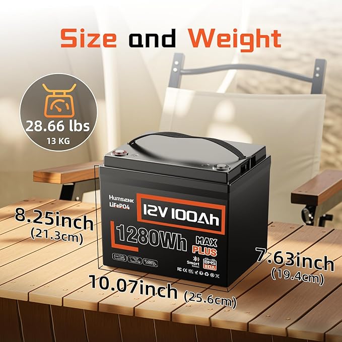 12V 100Ah LiFePO4 Lithium Battery MAX Bluetooth 5.0 IP67, Built-in 110A BMS 15000+ Deep Cycles 1280Wh Lithium Battery, for RVs Marine
