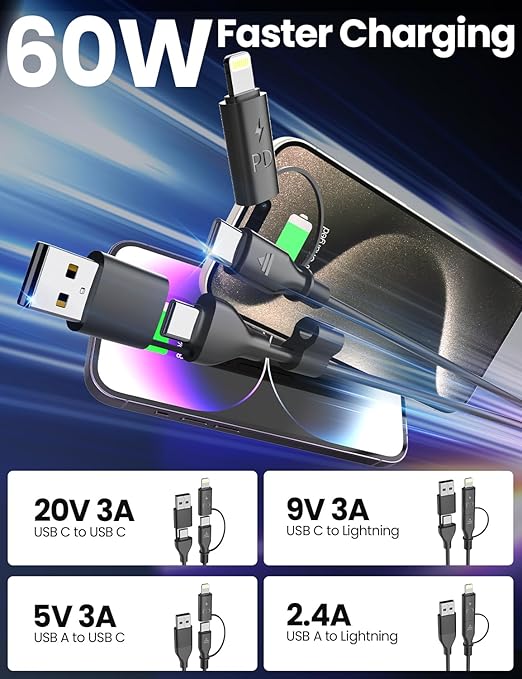 Coiled USB-C and Lightning Cable 2-in-1, 3FT iPhone 17 16 Car Charger Cord, 60W Fast Charging Cable for iPhone 15, Samsung Galaxy Supports Apple CarPlay & Android Auto (Black)