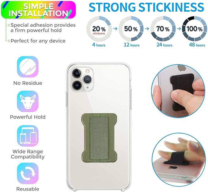 Universal Phone Grip for Smartphones - Phone Holder for Hand for Back of Phone - Wireless Charging Compatible (Green) - 2Pack