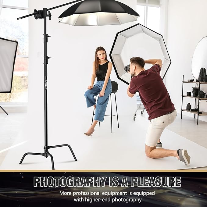 LOMTAP C Stand Light Stand Stainless Metal Photography Kit - Heavy Duty 10.8ft/330cm Vertical Pole, 4.2ft/128cm Boom Arm, Adjustable Base, Water Sandbag, 2 Grip Heads, 3 Clips for Softbox, Reflector