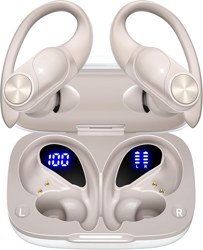 PocBuds Bluetooth Headphones Wireless Earbuds 80hrs Playtime Wireless Charging Case Digital Display Sport Ear buds with Earhook Deep Bass IPX7 Waterproof Over-Ear Earphones for Phone Laptop Pearl Gray