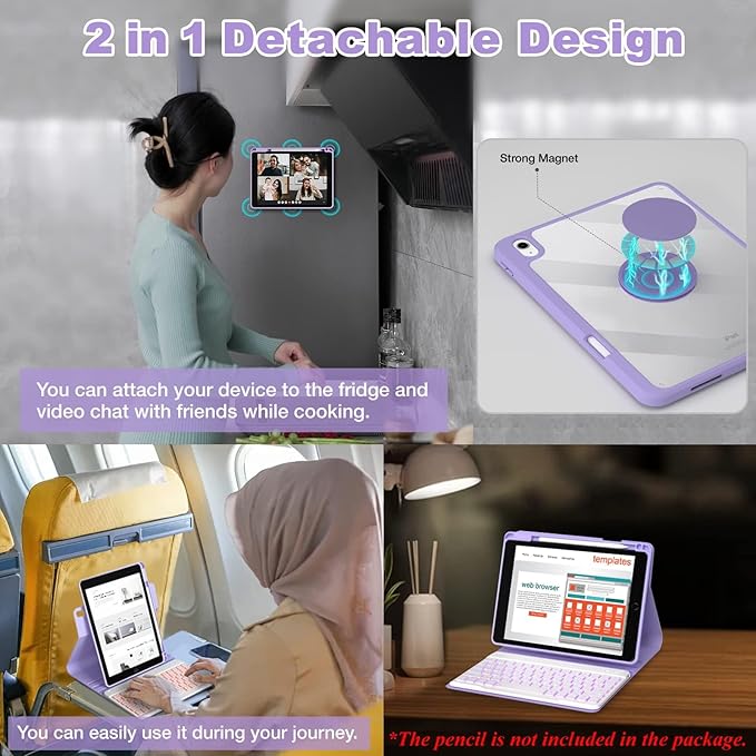 BLUTLOTUS for iPad 11th (A16) 10th Generation Case with Keyboard (2025/2022) - 360° Rotatable Magnetic Folio Cover, 7 Color Backlit Detachable Keyboard with Pencil Holder (Purple)