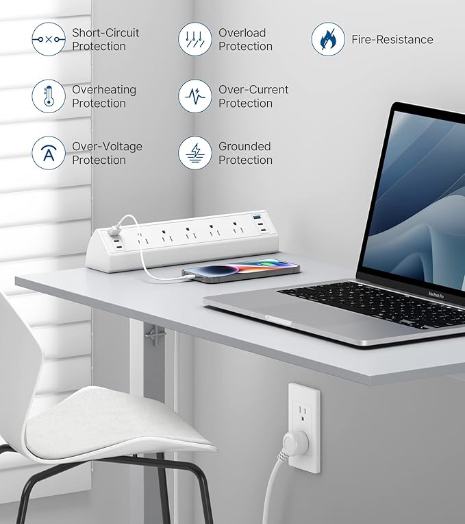 Desk Clamp Power Strip USB C,Under Desk Mount Power Station,20W Fast Charging,Fits 1.9'' Tabletop Edge,Desk Surge Protector,Perfect Home,Office Supplies (White, 5 Outlets & 6 USB Ports & 20 FT Cable)