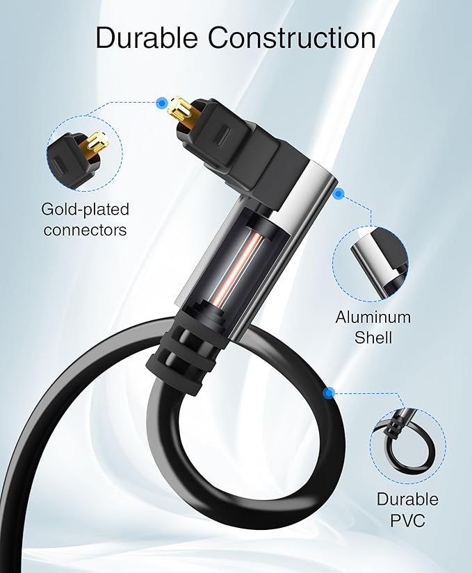 BlueRigger Optical Audio Toslink Cable - 35FT (90 Degrees Optical Cable for Soundbar, 360 Degree Rotatable Right Angle, S/PDIF Digital Toslink) - Fiber Optic Compatible with HDTV, Game Console, DVR