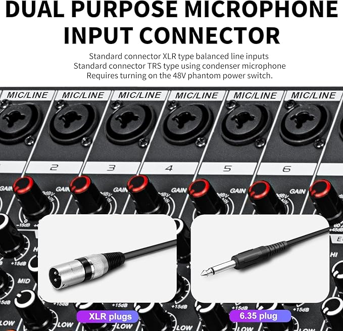 Depusheng MX12 12 Channel Sound Mixer Audio Mixing Console 48V 256DSP Professional USB PC Play Record Podcast Live Broadcast (US MX12)