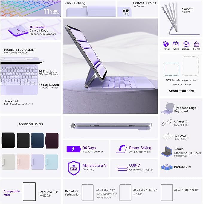 typecase Keyboard Case for iPad Pro 13-inch (M4) 2024,Magic Keyboard with 11 Colors Backlight for iPad Pro 13,Keyboard Case with Pencil Holder,Multi-Touch Trackpad,Easy-Set Magnetic Stand,Light Purple