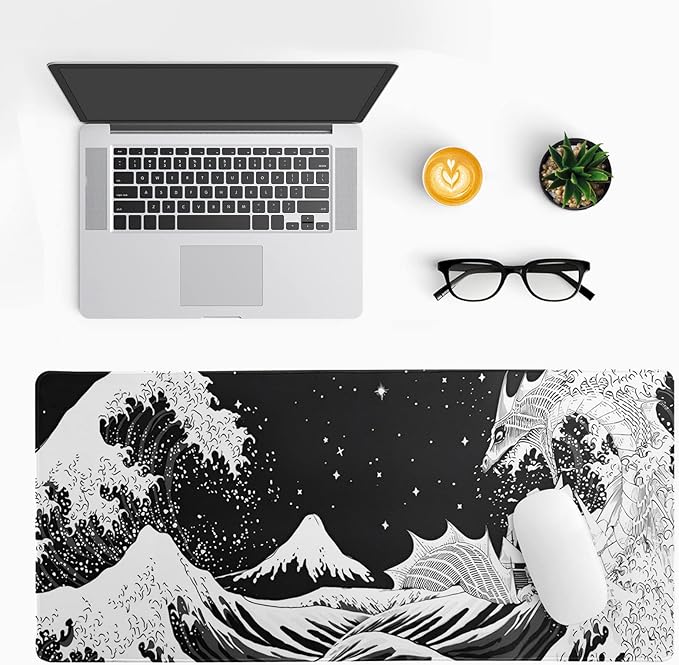 Black and White Japanese Wave Dragon Gaming Mouse Pad - Abstract Mat with Non-Slip Rubber Base, 31.5x11.8 Inch, Stitched Edges - Desk Pad for Office and Home