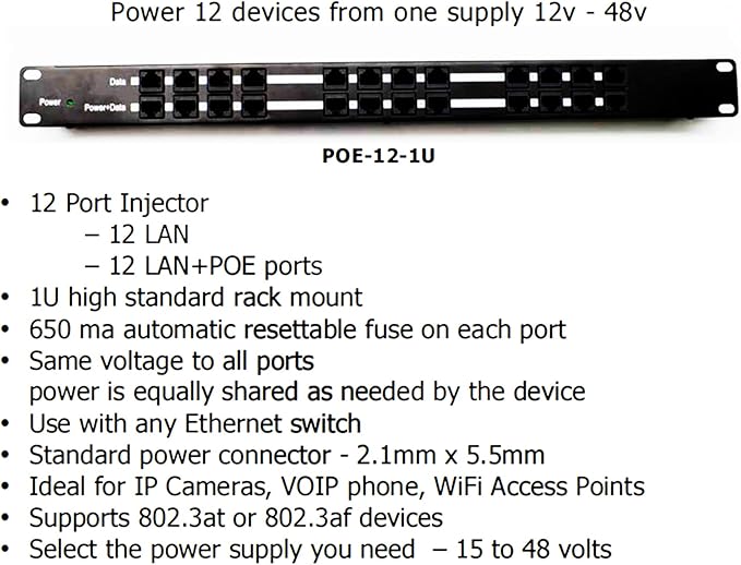 PoE Texas POE-12-24v60w | 12 Port Passive PoE Injector - Power Over Ethernet with 24 Volt 60 watt Power Supply for Ubiquiti, Mikrotik and Similar Devices