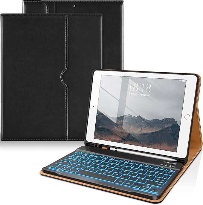 DTTO for iPad 9th/8th/7th Generation 10.2" Case 2021/2020/2019 with Keyboard, 7 Colors Backlit Wireless Detachable Keyboard Premium Leather Folio Cover with Pencil Holder & Pocket, Black