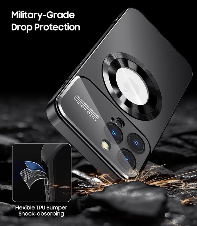 Magnetic for iPhone 16 Pro Case, Compatible with MagSafe, Built-in Camera Lens Protector, Logo View, Military Grade Drop Proof Phone Cover, Black