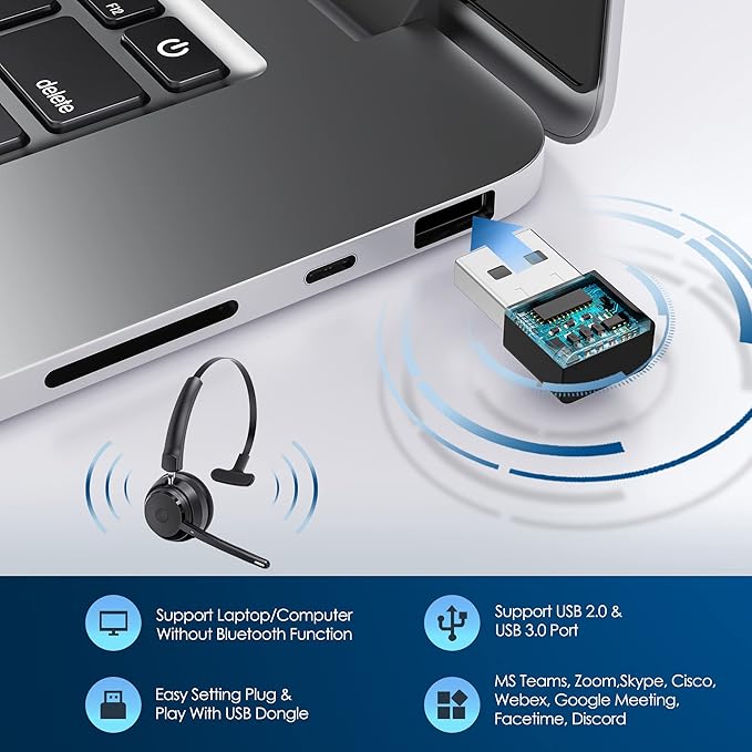 Bluetooth Headset, Wireless Headphone with AI Noise-Canceling Microphone for Computer, On Ear Bluetooth Headset with USB Dongle for Office Call Center Skype Zoom Meeting Online Class (Black)