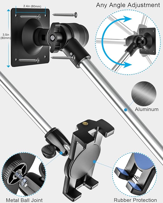 Tablet Wall Mount, 35" Aluminum Alloy Foldable Arm, 360 Degree Angle Adjustable for Kitchen/Desk, Compatible with 4.7-13" Tablet Like iPad Pro, Air, Mini, iPhone, Galaxy, Fire, Switch, Camera, Webcam