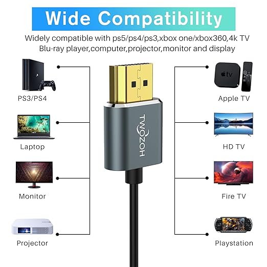 Twozoh Slim 4K HDMI Cable 6.6FT 5 Pack, Ultra Thin & Flexible Skinny HDMI to HDMI 2.0 Cord Support 4K/60HZ 18gbps Laptop, Monitor, PS5, PS4, Xbox One, Fire TV