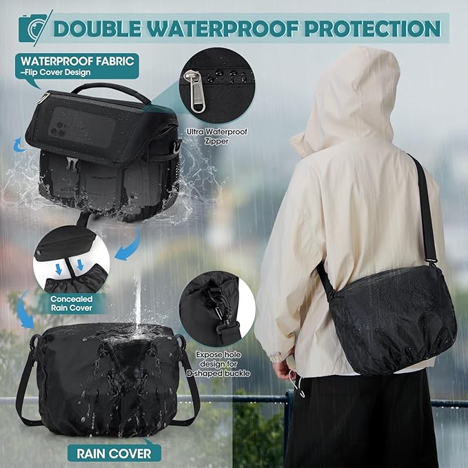 RAINSMORE Camera Bag, DSLR/SLR/Mirrorless Camera Case with Tripod Holder Waterproof Camera Sling Bag Crossbody Camera Bags for Photographers with Rain Cover for Canon/Nikon/Sony/Fuji, Black