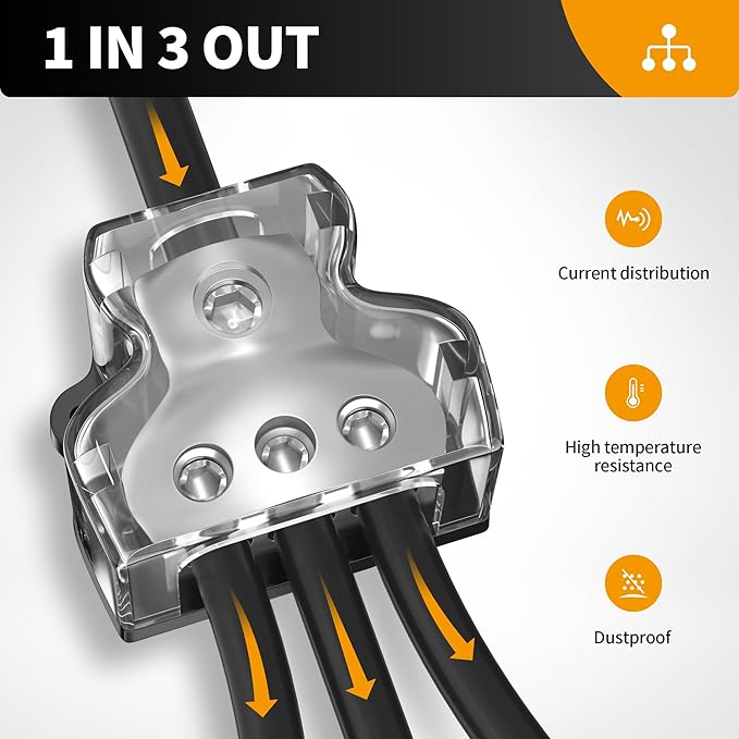 3 Way Power Distribution Block Car Audio Splitter 1 x 0 Gauge in / 3 x 4 Gauge Out Ground Distribution Block Amp for Automotive Car Boat 2 Pack