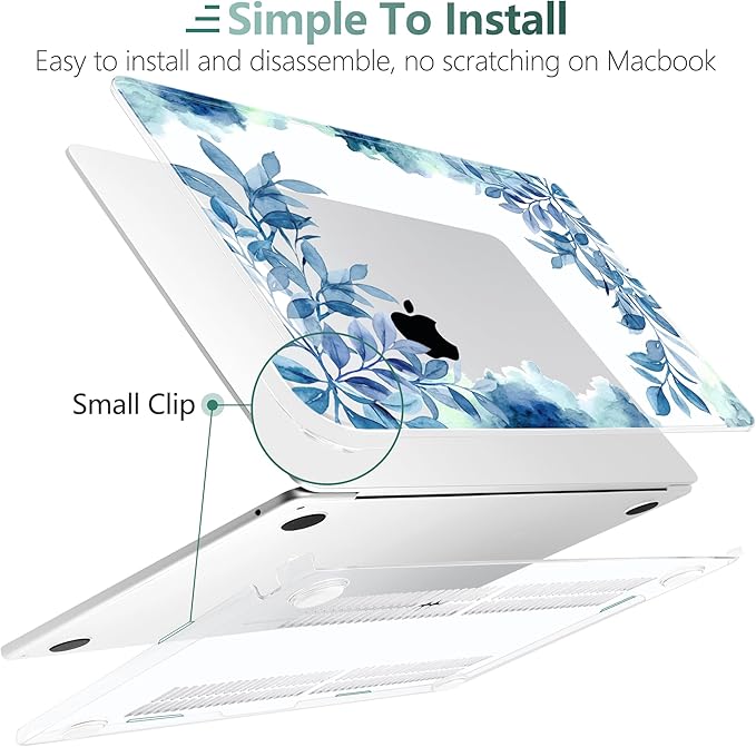 TWOLSKOO Compatible with M4 MacBook Air 15 inch Case 2025-2023 Released Model M4 A3241 M3 A3114 M2 A2941, Plastic Hard Shell & Screen Protector & Keyboard Cover & Trackpad Film, Blue Floral