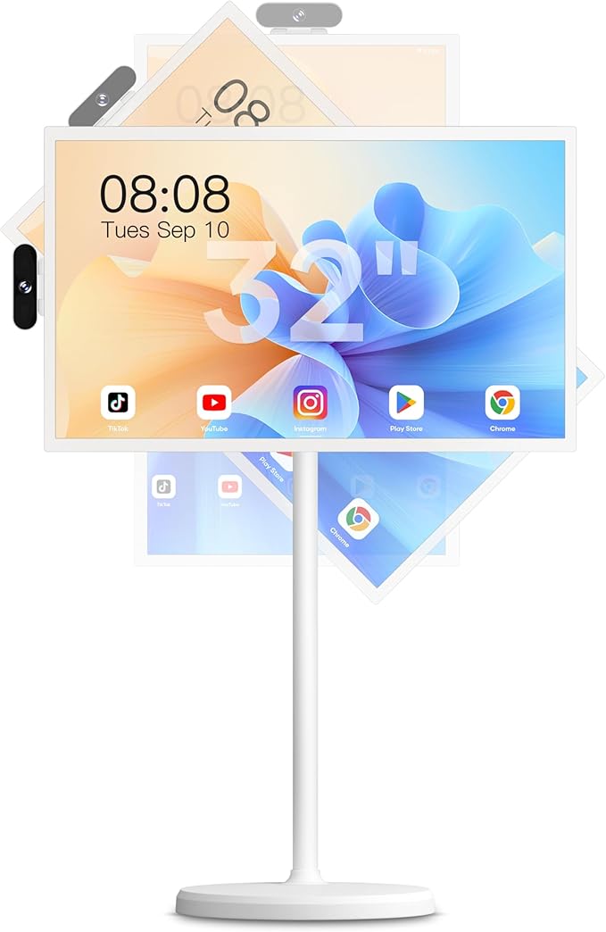 Cozyla Mate 32 Inch Mobile Portable TV Stand on Wheels Support Google Store Full Swivel Rotation Portable Touch Screen Monitor Built-in Battery Smart Rolling Tablet TV 4K Camera Remote Control White