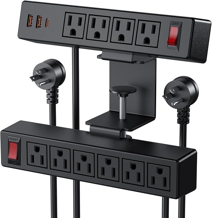 Dual Layer Desk Clamp Power Strip Surge Protector, Under Desk Power Strip with 10AC Outlets & 3 USB(20W USB-C), Desktop Edge Mount Charging Station, 6 Ft Extension Cord for Office Home (ETL Listed)