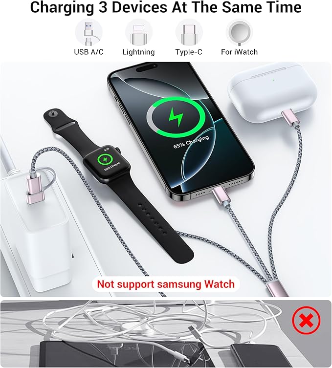 Temdan for Travel Vacation Essentials,3 in 2 USB C Cable for Apple Watch Charger/iPhone 16 Charger/Lightning,Multi Charging Cable Cord,Camping Essentials,Portable Designed for iWatch &iPhone 16-12-5FT