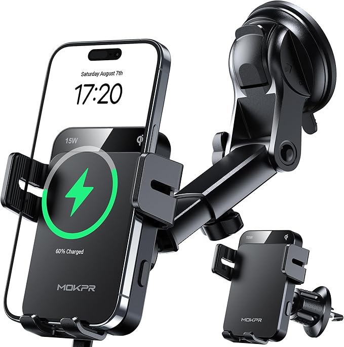 MOKPR Wireless Car Charger, 15W Auto Clamping Car Charger Dash Windshield Air Vent Phone Holder Compatible with iPhone 16 15 14/13/13 Pro/12 pro/12/11/X/8, Samsung S24/S23/S22