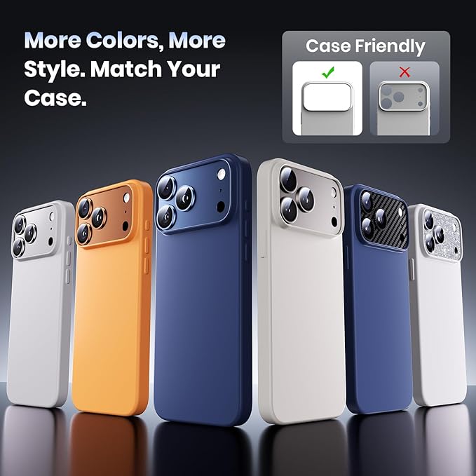 Hoerrye for iPhone 17 Pro Camera Lens Protector - [12FT Shatterproof Military Grade] [Strong Adsorption] Metal Top 9H+ Tempered Glass Camera Screen Full Cover Case Friendly,Glitter Silver