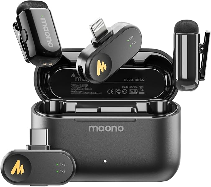 MAONO WAVE T1 Mini Wireless Lavalier Microphone for iPhone Android Tablet PC with Noise Cancellation, AI Voice Filter, 30H Used with Charging Case, USB-C/Lightning Plug for Video Recording Vlog TikTok