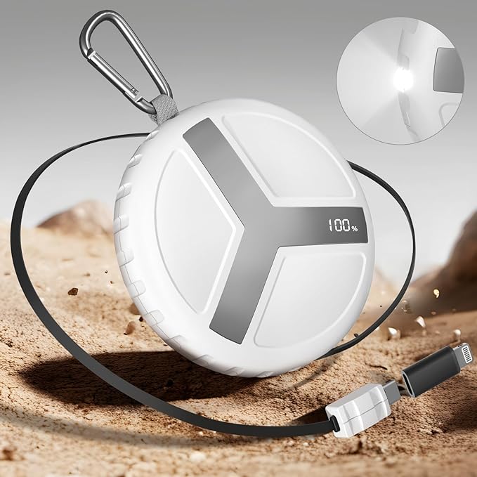 Vivilumens Rugged Power Bank Outdoor Charger 10000mAh USB-C Fast Charging Cable Retractable 25.5 inch Carabiner Wearable Smart Display & Flashlight Battery Pack for Hiking, Camping, Backpacking(White)