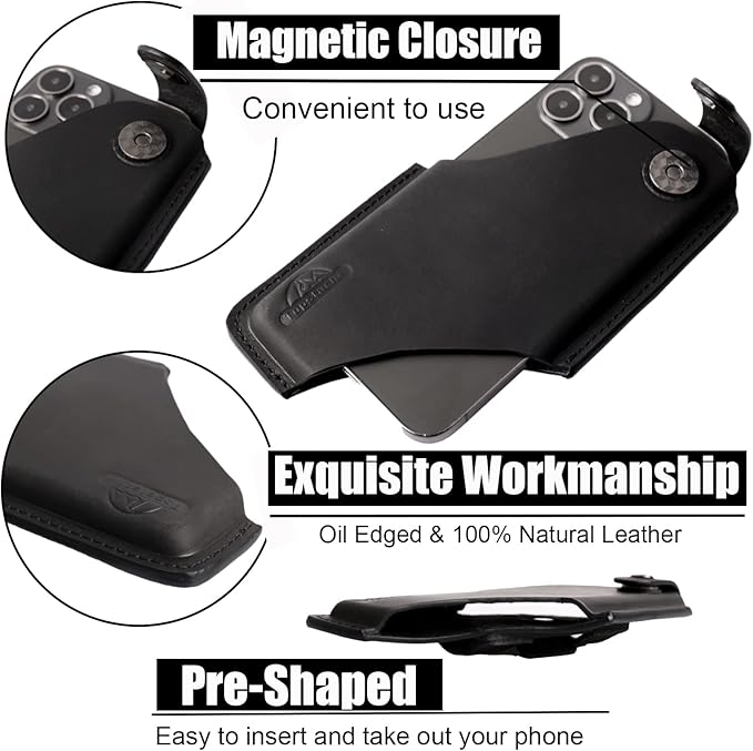 Topstache Leather Phone Holster with Magnetic Closure, Belt Clip Loop Case for iPhone & Samsung, Black, Medium