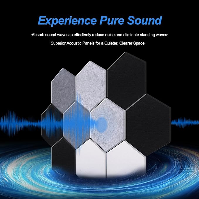 Mollywell Hexagon Acoustic Panels, High Density, Soundproofing, Decorative Noise Reduction Felt Wall Tiles for Studio, Office, Home (Silver Gray, Moon Gray, Black, White), 14x12x0.4 Inch