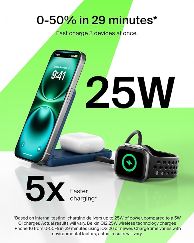 Belkin MagSafe Charger Compatible, 2-in-1 Charging Station, Qi2.2 25W Magnetic Wireless Charger Dock, Foldable Stand, with 5W USB-C Port, for iPhone 16/15/14, AirPods (45W Adapter Included)