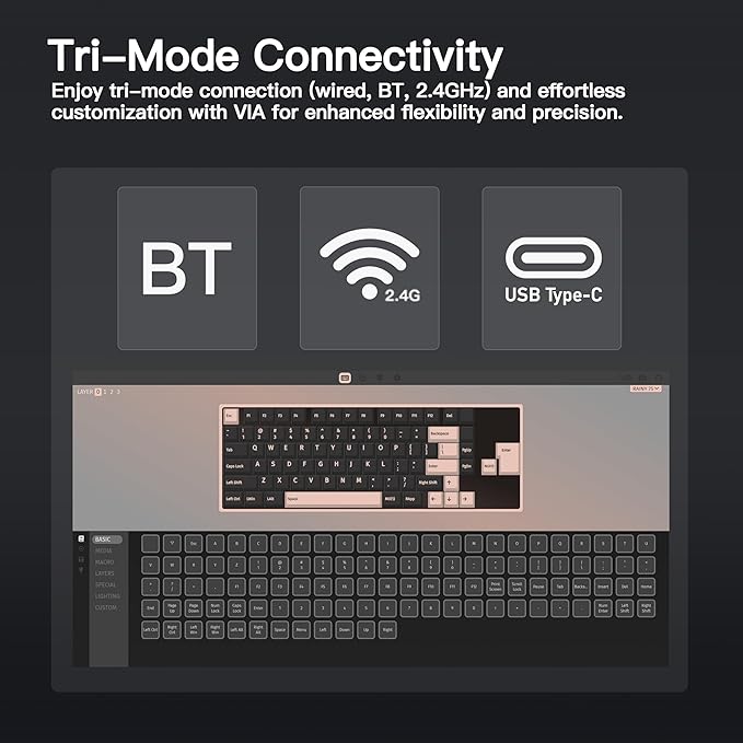 KEEBMONKEY WOBKEY Rainy 75 CNC Aluminum HMX/JWK/Cocoa Switches Triple-Mode Connectivity Mechanical Keyboard with Superior Acoustics, RGB/FR4/Silver SUS304/7000mAh/Cocoa Switch (Pro - Black)