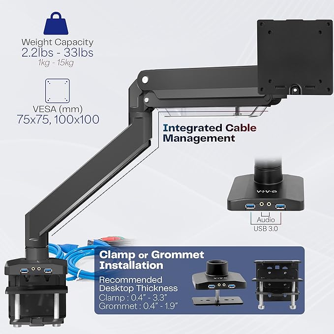 VIVO Premium Aluminum Heavy Duty Monitor Arm with 3.0 USB Ports, Fits Ultrawide Monitors up to 49 inches and 33 lbs, Single Desk Mount Stand, Pneumatic Height, Max VESA 100x100, Black, STAND-V101G1U