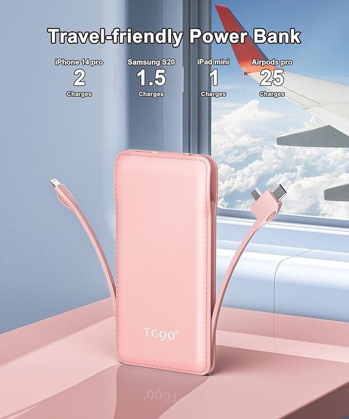 TG90° 10000mah Portable Charger Power Bank with Built-in Cables,Travel Essentials Battery Pack with Cords Portable Phone Charger Compatible with iPhone and Android Smart Devices