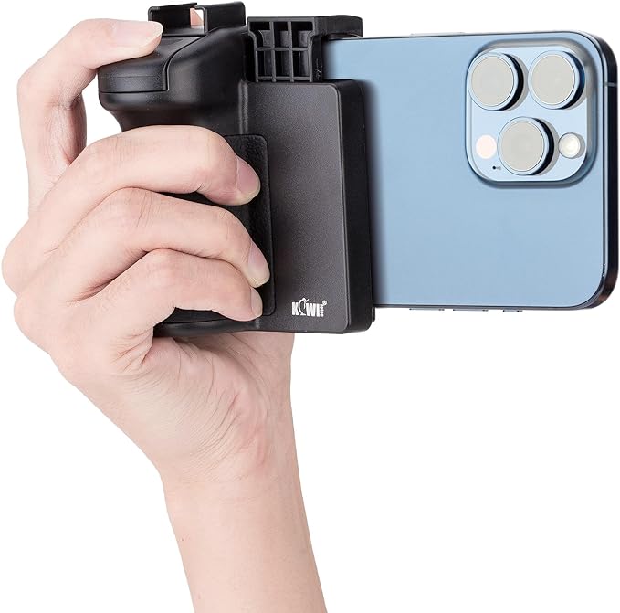 KIWIFOTOS Phone Camera Grip Handle Holder Phone Tripod Mount with Detachable Remote Shutter & Cold Shoe Adapter for iPhone 14 15 16 Pro Max Samsung Smartphone Selfie Vlog Video Shooting, Black