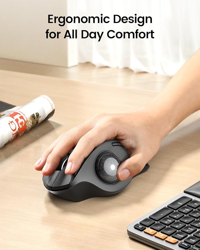 ProtoArc Wireless Trackball Mouse, EM01 NL Ergonomic Bluetooth Rollerball Thumb Rechargeable Computer Laptop Mouse, Adjustable Angle & 3 Device Connection for PC, Mac, Windows-Gray Ball
