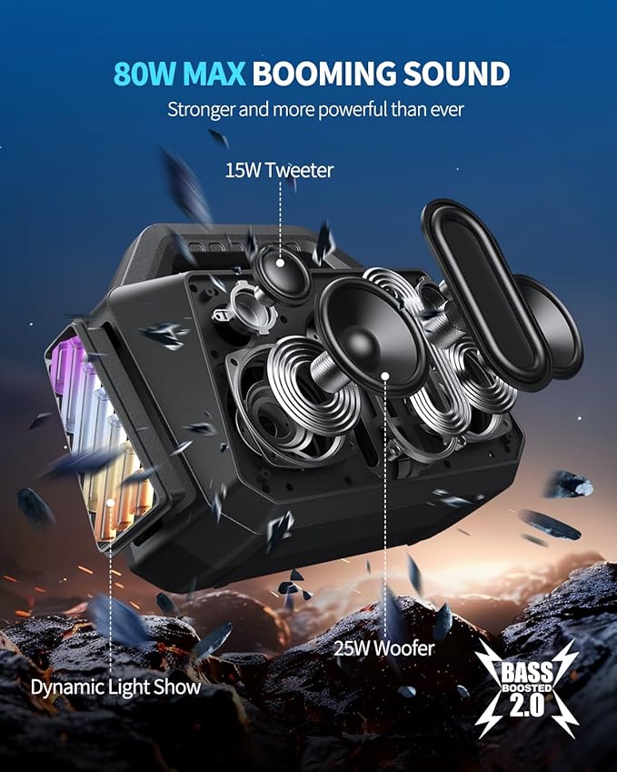 Portable Bluetooth Speaker - 80W Peak Loud Speakers, 20H Playtime for Outdoor Adventure, Lightshow, TWS, Deep Bass, BT 5.3 Wireless, IPX6 Waterproof for Travel Hiking Camping Beach Pool - Black