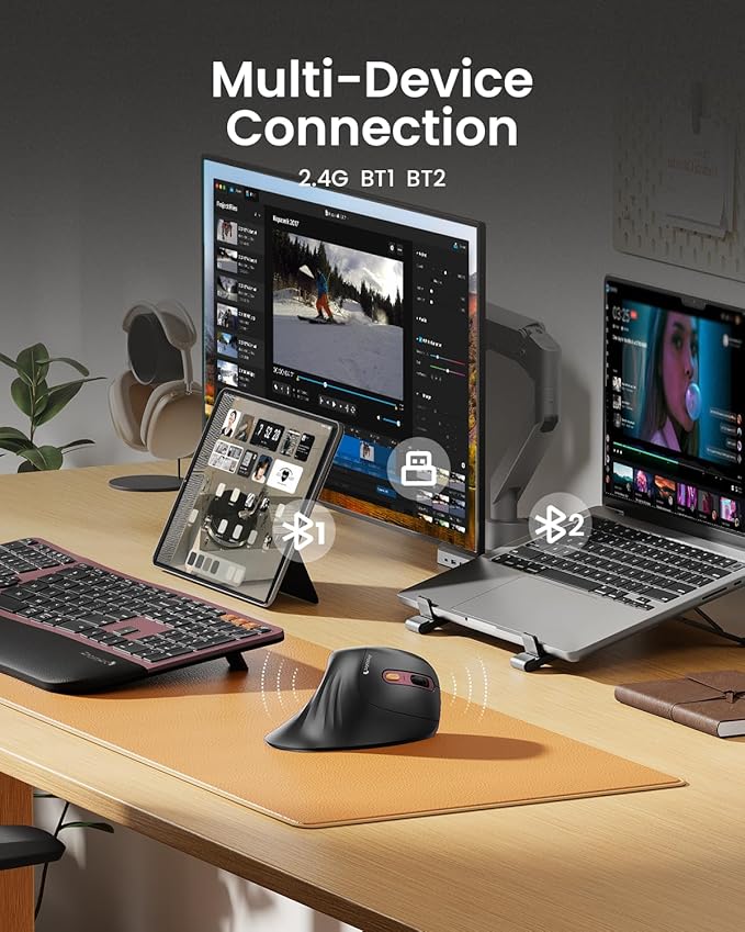 ProtoArc Ergonomic Vertical Mouse, EM11 NL Rechargeable Wireless Mouse Bluetooth, Ergo Mice with 3 Multi-Device for PC/Notebook/Laptop, 2.4GHz Optical Mice for Windows, Mac OS, Wine Red
