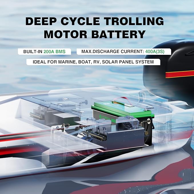 12V 200Ah LiFePO4 Lithium Battery with 2560Wh Energy, Built-in 200A BMS, Discharge Current (3S) up to 400A, 10 Years Lifetime 15000+ Cycles, Perfect for RV Solar Energy Storage Marine Trolling Motor