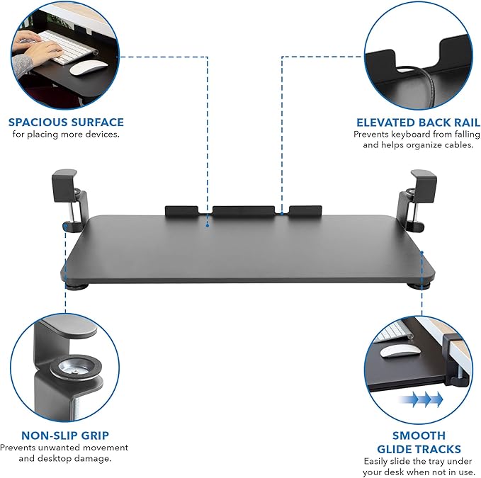 Mount-It! Under-Desk Keyboard Tray, Slide-Out Clamp-On Keyboard and Mouse Drawer, 26.4" W x 11.8" D Ergonomic Retractable Platform for Typing, No-Drill Installation, Black