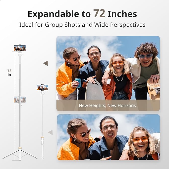 SENSYNE 72" Phone Tripod, Extendable for iPhone & Selfie Stick with Detachable Phone Holder & Wireless Remote, Compatible with All Cell Phones, Camera (White)