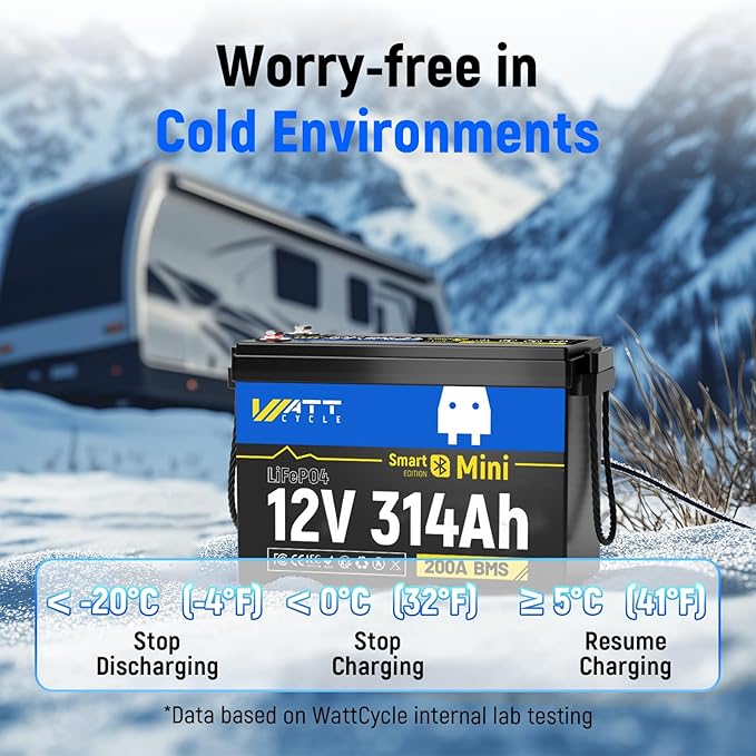 12V 314Ah Mini LiFePO4 Lithium Battery with Bluetooth 5.0, 200A BMS, 4.01kWh Energy, Upgraded Aluminum Cooling Fins & Braided Copper Wires, for RV, Marine, 300ah + LiFePO4 Battery