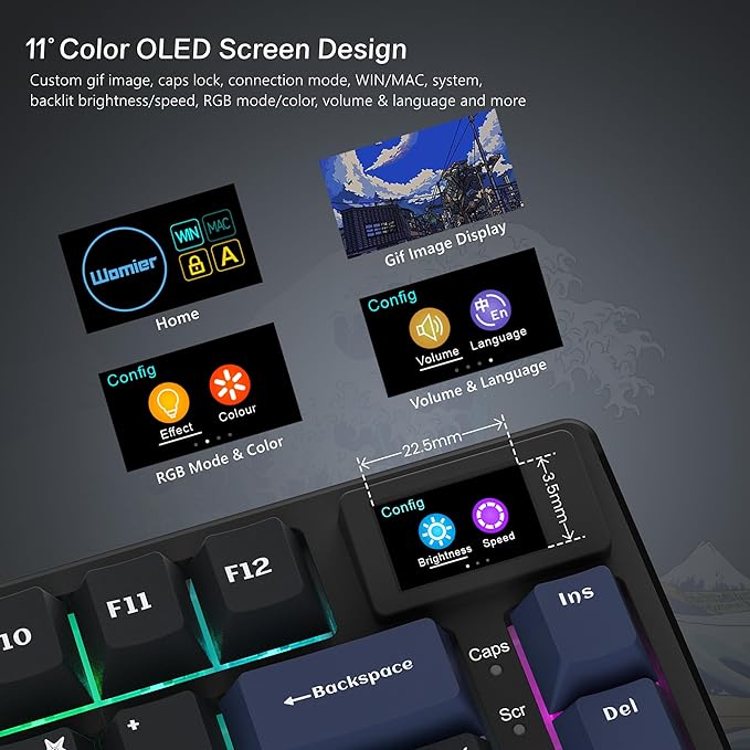 Womier S-K80 75% Keyboard with Color Multimedia Display Mechanical Gaming Keyboard, Wired Hot Swappable Gasket Mount RGB Custom Key Board, Pre-lubed Stabilizer for Mac/Win, Black Kanagawa