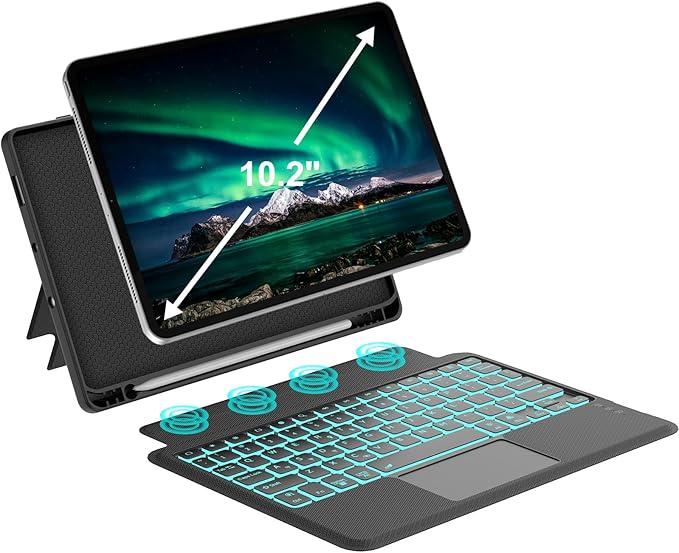 Touch for iPad 9th/8th/7th Generation Case with Keyboard 10.2 Inch, Multi-Touch Trackpad, 7 Color Backlit, Detachable Magnetic Folio Cover with Pencil Holder for iPad Air 3rd Gen/iPad Pro 10.5" Black