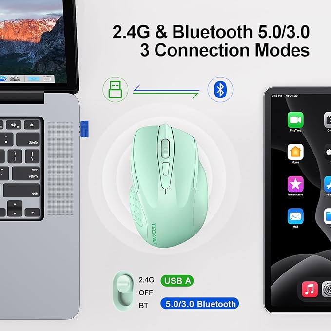 TECKNET Wireless Mouse (2.4G & BT5.0/3.0) Silent 4800 DPI Computer USB A & Bluetooth Mouse 6 Buttons, Wide Compatibility - Green