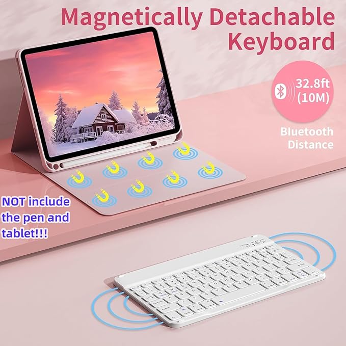 Keyboard Case for Galaxy Tab S10 Lite/ S10 FE/ S9 FE/S9/S8/S7, Slim Lightweight 7 Color Rainbow Backlight Detachable Magnetic Keyboard Cover with S Pen Holder, Mint Green