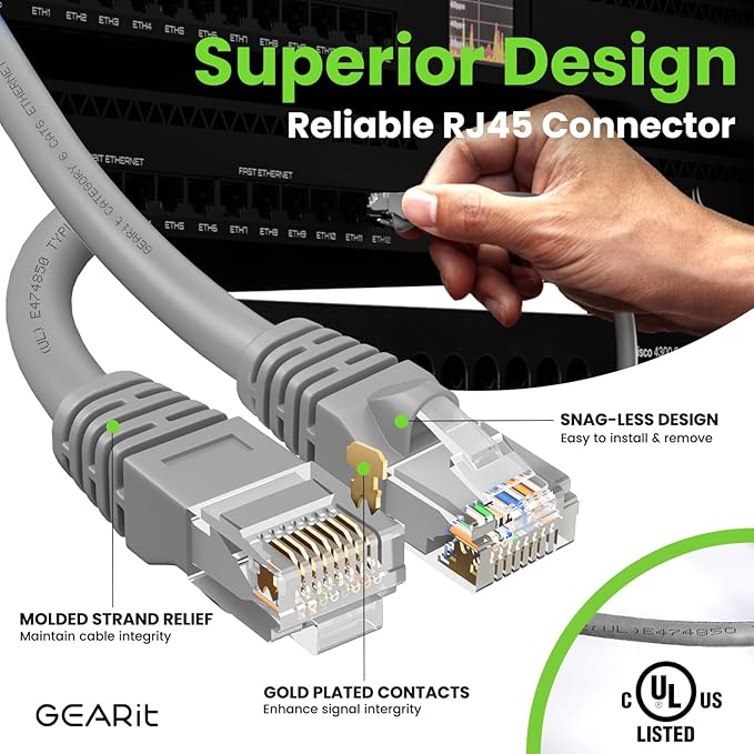 GEARit Cat 6 Ethernet Cable (1-Pack 25 Feet) Cat6 Network Patch, 10Gbps, RJ45, Snagless Cord, Gold-Plated Connectors, Internet for PC, TV, Tablet, Router, Printer, Servers, IT Data Center - Gray