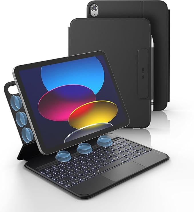 Dexnor for iPad (A16) 11th/10th Generation Case with Keyboard Ultra-Light Magnetic Detachable Folio Keyboard Cover Multi-Touch Trackpad Backlit for iPad 10th Gen 10.9" (2022)/11th Gen (2025), Black
