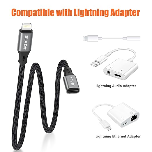 AGVEE 2 Pack 6.6ft Lightning Extension Cable, Braided Female to Male Extender Full Function Cord Compatible with iPhone iPad, Data Sync Video Audio & Charging Connector Adapter, Dark Gray